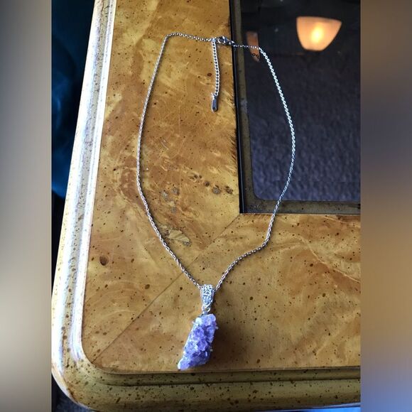 African Amethyst Geode Sterling Silver Stainless Steel Pendant Necklace - Picture 5 of 7